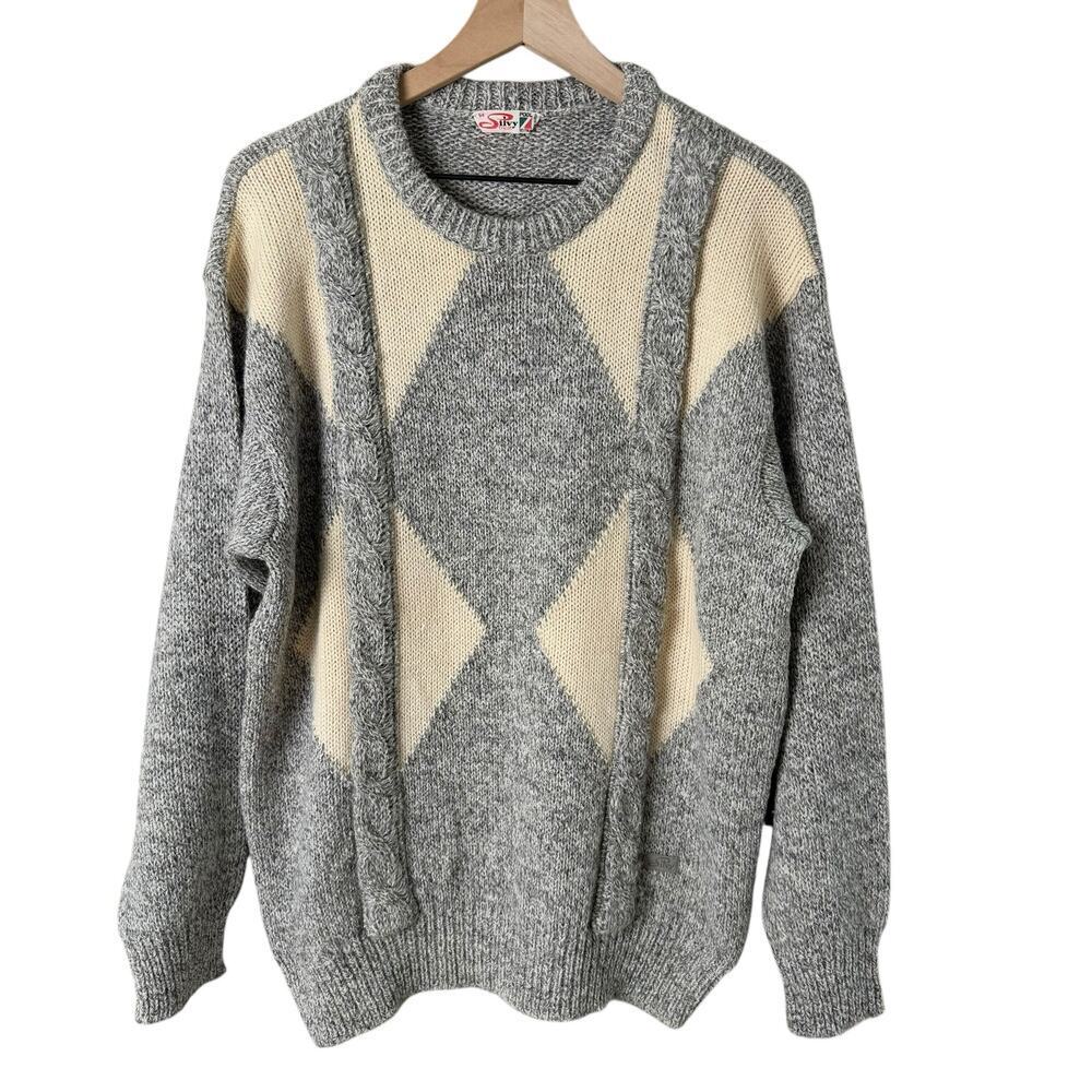 Vintage Silvy Tricot Italian Wool Chunky Knit Crewneck Sweater in Gray Cream, XL